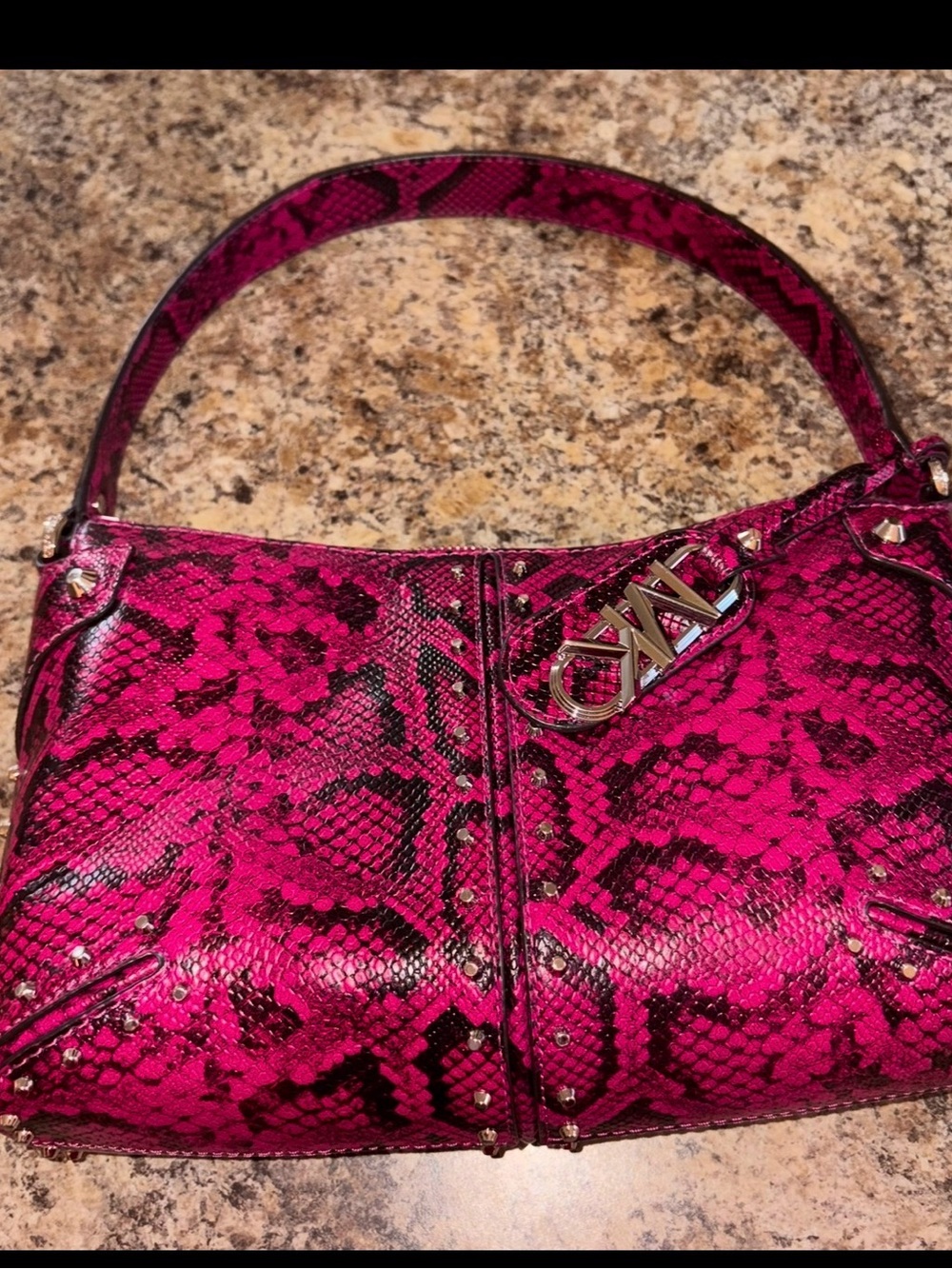 Michael Kors Hot Pink Snake-Print Shoulder Bag with Logo Charm
